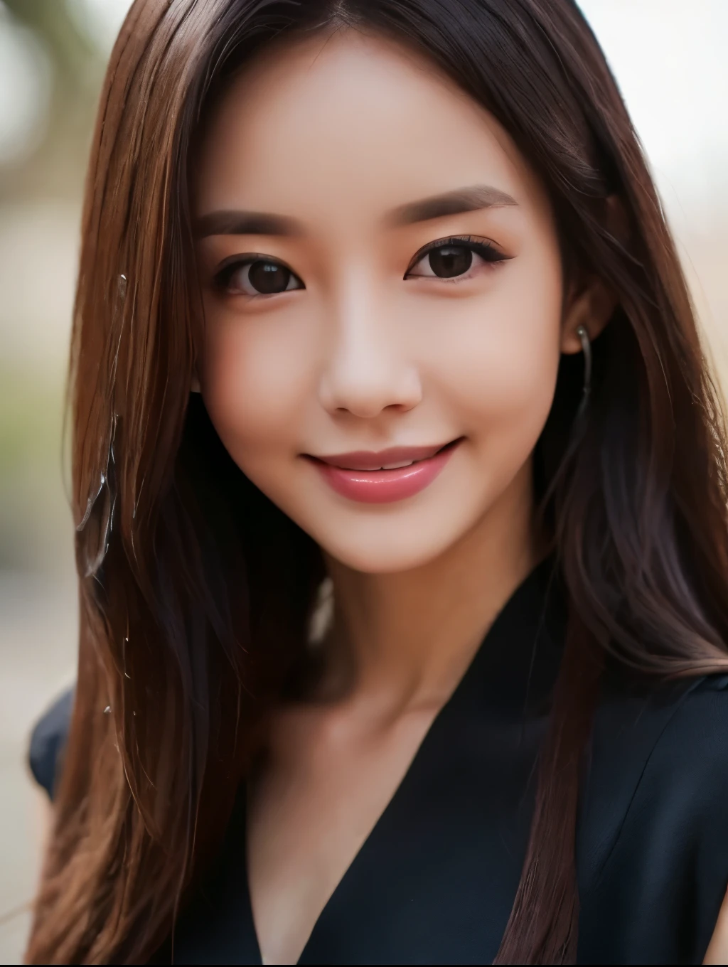 8k, ultra High resolution, highest quality, masterpiece, surreal, photograph, 1 woman,28yo, ((close up)),((solo)), long hair ,((smiling:1.2)), Beautiful eyes in every detail, Black silk dress,close, Leica 50mm,