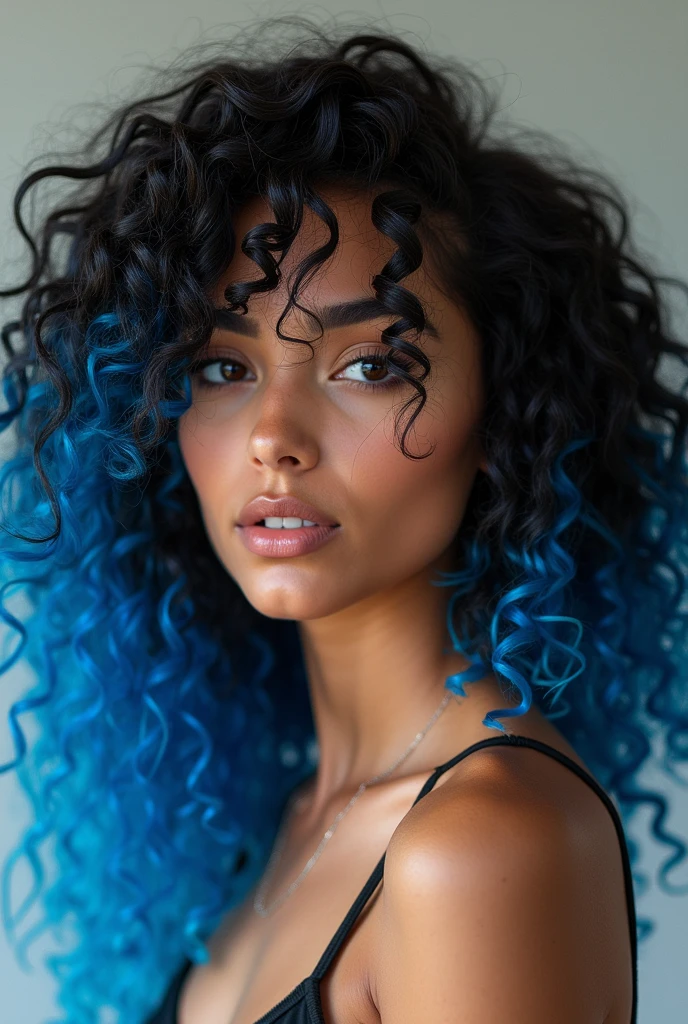 Blue curly hair. Deep dark and energetic coffee eyes. She wears a floral stamped dress with a leather jacket. busty. Entire person visible. Skin and pores.