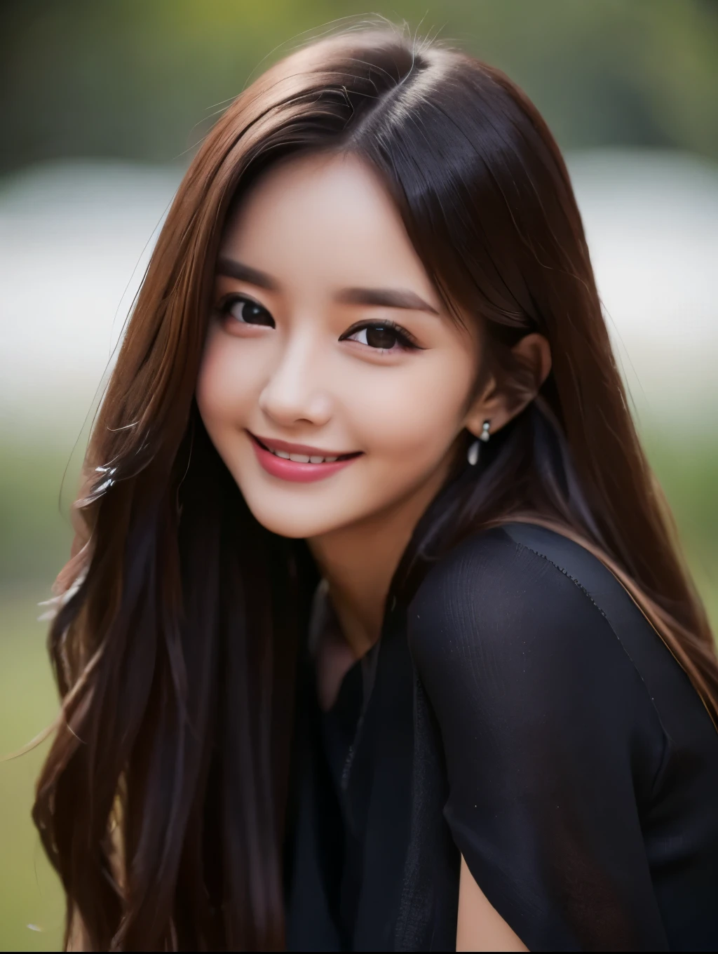 8k, ultra High resolution, highest quality, masterpiece, surreal, photograph, 1 woman, ((solo)), long hair ,((smiling:1.2)), Beautiful eyes in every detail, Black silk dress,close, Leica 50mm, random posing,