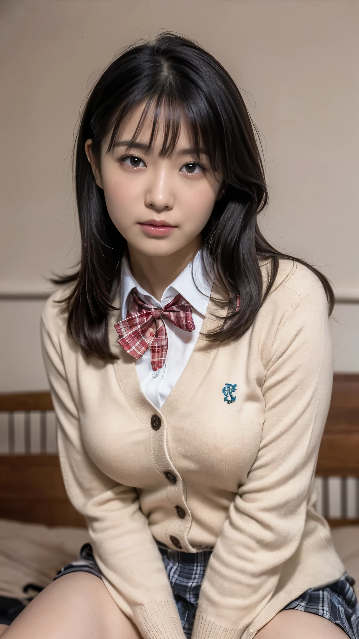 (((8k、High resolution、Highest quality、High resolution)))alone、Natural body shape、White skin、Natural Makeup、Black Hair、bangs、Straight Long Hair、、((High School Uniform)) 、((Beige cardigan、white collared long sleeve blouse))、((Red checkered pleated skirt))、(red school ribbon)、、(Big Breasts:1.3)、((The upper body is wearing a uniform))、(((((Looking into the camera)))))、(((Head to shin portrait)))、(((Exposing your thighs)))、Bedroom、On the bed、Sit with your legs apart、((Focus on the crotch))、White socks