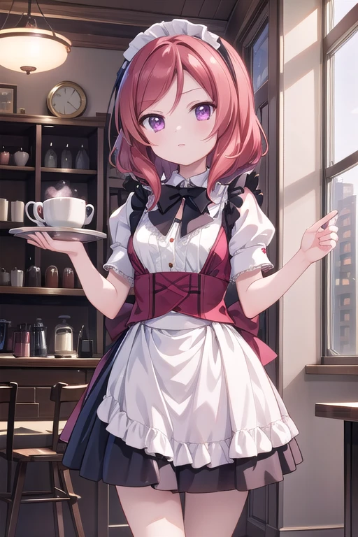 (Highest quality，masterpiece)，One girl, solo, Anime Screencap，Ray Tracing，Global Illumination，ultra hi resolution picture，Depth of written boundary，cute，Maki Nishikino，Coffee shop，tray，Maid clothes