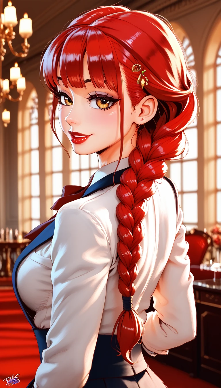 a beautiful woman with long red hair, double braided ponytail, defined body, sexy black open-back dress, red lips, posing for a photo from the side, smiling, (best quality,4k,8k,highres,masterpiece:1.2),ultra-detailed,HDR,UHD,studio lighting,ultra-fine painting,sharp focus,physically-based rendering,extreme detail description,professional,vivid colors,bokeh,portrait,fashion photography