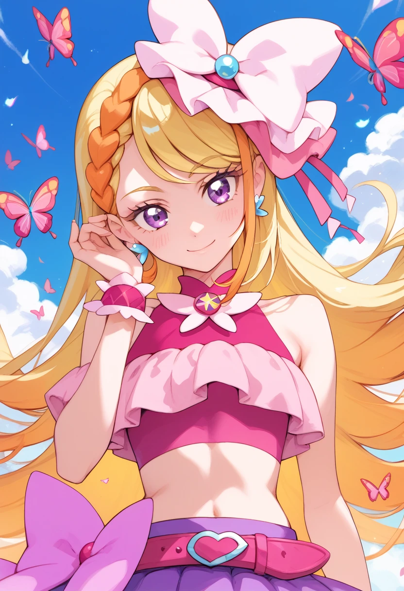 cure_butterfly, blonde hair, purple eyes, very long hair,  braid, pink bow, earrings, swept bangs, hair bow, pink belt, smile,blush,crop top,miniskirt,