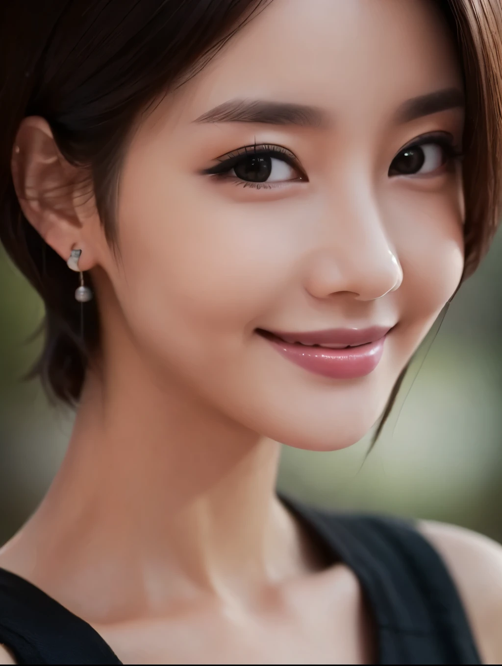 8k, ultra High resolution, highest quality, masterpiece, surreal, photograph, 1 woman,28yo, ((close up)),((solo)), short hair ,((smiling:1.2)), Beautiful eyes in every detail, Black silk dress,close, Leica 50mm,