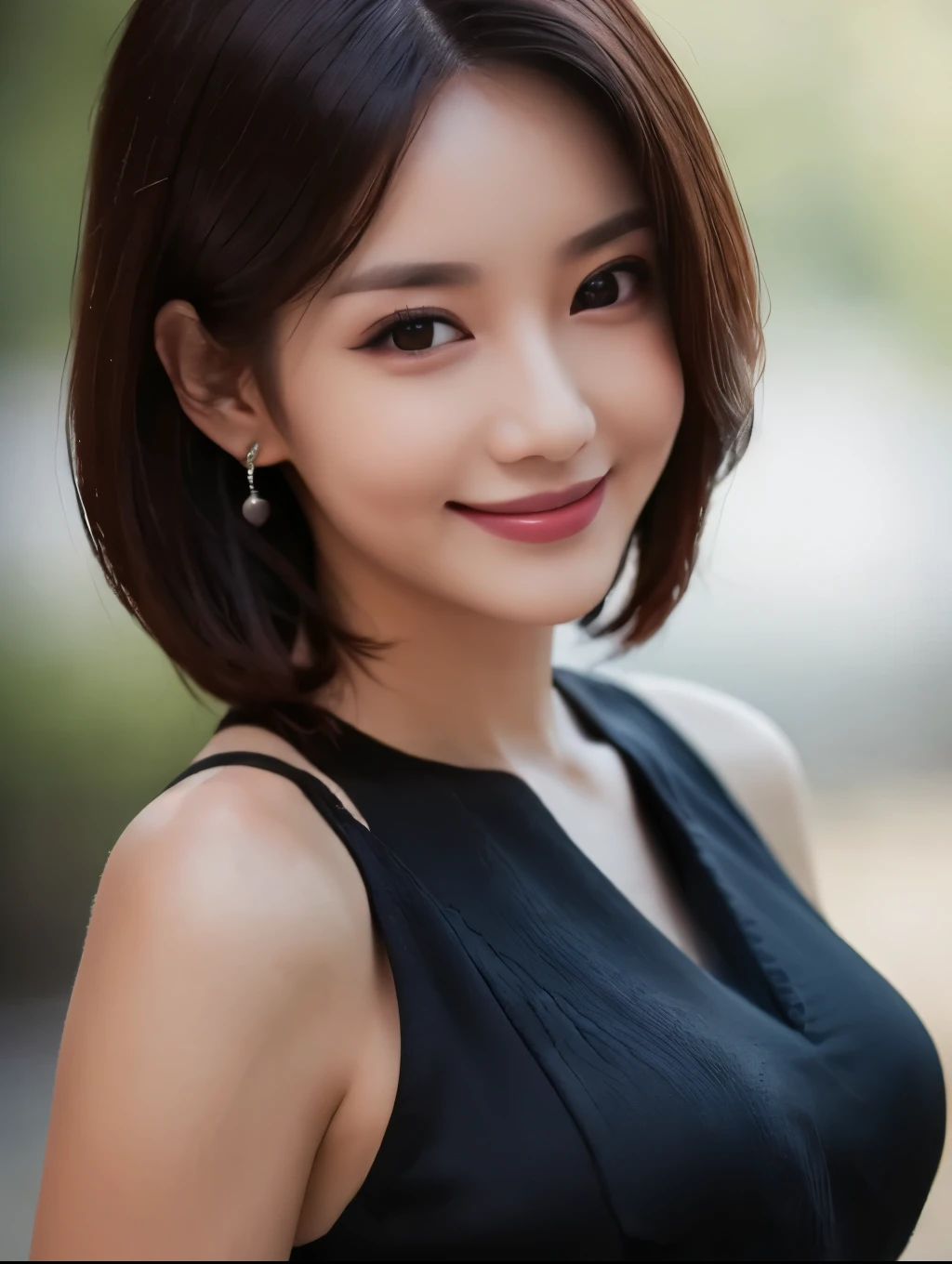8k, ultra High resolution, highest quality, masterpiece, surreal, photograph, 1 woman,28yo, ((close up)),((solo)), short hair ,((smiling:1.2)), Beautiful eyes in every detail, Black silk dress,close, Leica 50mm,