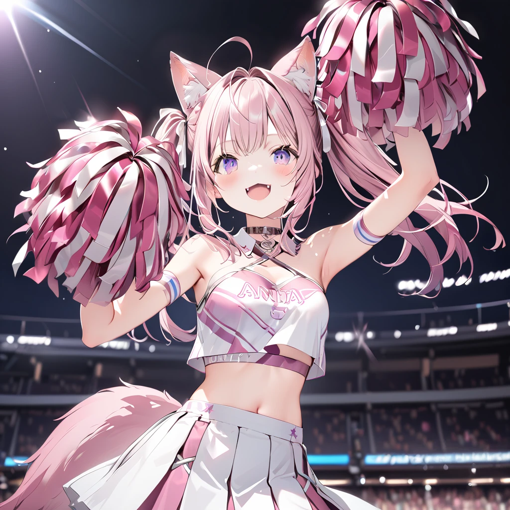 koyo_lab, 1girl,cat mouth,fang,arms up,animal ear fluff,purple eyes,smile,cheerleader, detached collar, white crop top, two-tone crop top, midriff, criss- cross halter, two-tone skirt, white skirt, miniskirt, pleated skirt, holding pom poms, pom pom (cheerleading), white sneakers,"KOYO!" script on crop top, vray,wolf tail