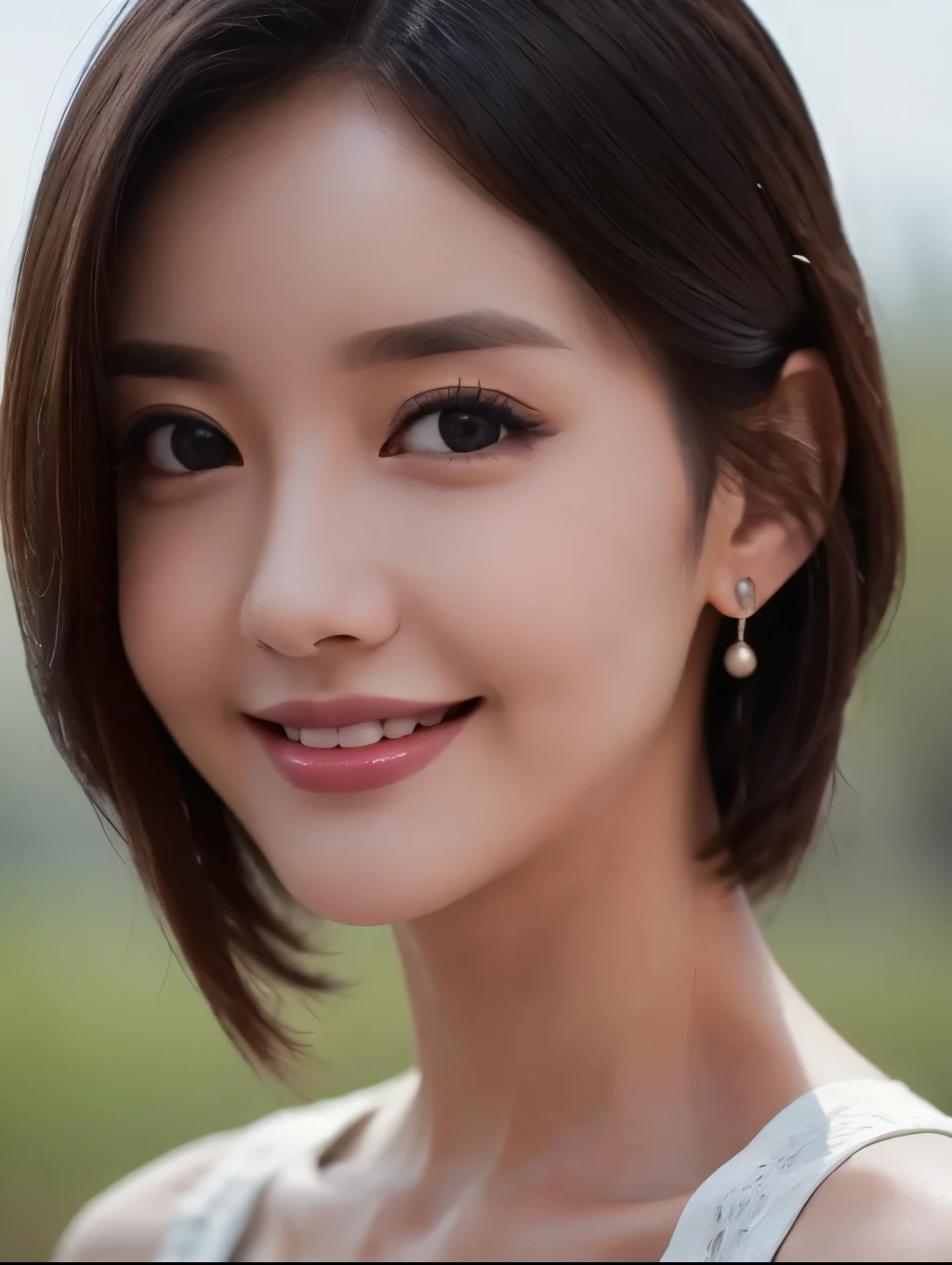 8k, ultra High resolution, highest quality, masterpiece, surreal, photograph, 1 woman,28yo, ((close up)),((solo)), short hair ,((smiling:1.2)), Beautiful eyes in every detail, Black silk dress,close, Leica 50mm,