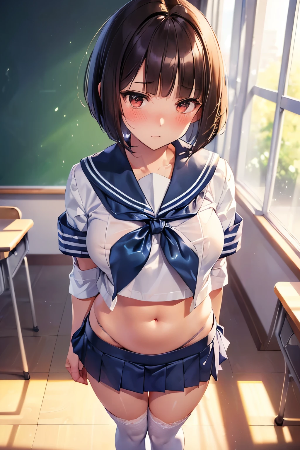 nsfw,alone, (One girl), Elementary school girl,8-year-old,  sexy, (Cowboy Shot), (wearing only the top half of sailor school uniform)、 ((Put your arms behind your head)), classroom, With a girl：hair is black and short, Her face is round and cute, Black Hair, short hair,(Shy, Embarrassing),(Sit on a chair)、Spread your legs、Beautiful nipples,Small breasts、(bukkake,Bukkake),((cum on bodybukkake,cum in Pussy,creampie)),Black thigh-high socks、((Drooling,drool)),