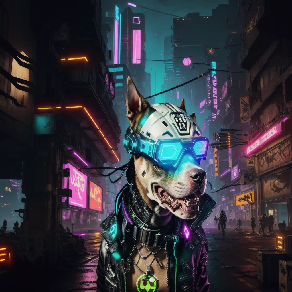 cyber brown pitbull dog with glowing glasses on a city street, cyberpunk art style, cyberpunk vibes, cyberpunk themed art, cyberpunk pitbull dog, on cyberpunk style, brown cyborg pitbull - pitbull, cyberpunk art, cyberpunk artstyle, cyberpunk vibe, has style , cyberpunk brown pitbull, cyberpunk digital art, cyber dog, high quality cyberpunk art, cyberpunk illustration, cyberpunk aesthetic, ciborgue - pitbull taking a selfie, in the cyberpunk city, with moon helmet, cde black color , brown pitbull in silver clothes, with golden antennas, With space helmet