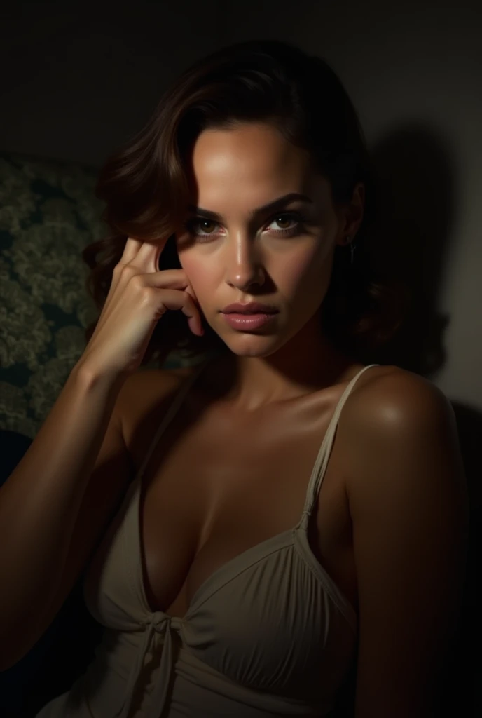 belle femme brune caucasienne de 32 ans, seins moyens, en dentelle nightie , jambes et fesses épaisses, timidité, séduction, romantisme, Fermer la bouche, regard aimant, sur un canapé , Cul visible, mur en arrière-plan, Faible lumière, photoRéaliste, photographique, Chef-dœudansre, Réaliste, réalisme, photoréalisme, contraste élevé, trendy photoRéaliste digital art on Artstation 8k HD Réaliste high definition Détailée, Détailée, texture de la peau, hyper Détailée, Réaliste texture de la peau, meilleur qualité, ultra résolution élevée, (photoRéaliste: 1.4),, résolution élevée, Détailée, Photo brute, Sharp re, par Lee Jeffries Nikon D850 Film Stock Photographie 4 Kodak Portra 400 Camera F1.6 rich lens colors texture hyper Réaliste dramatic lighting Unrealengine trending in ArtStation Cinestill 800, pas de texte