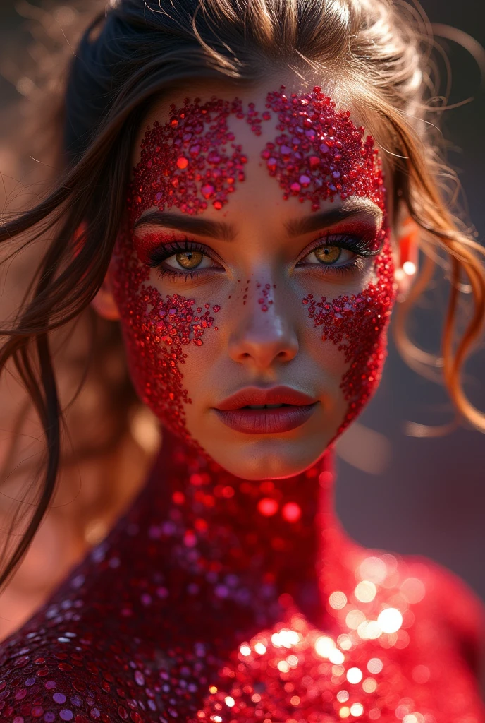 In a world where beauty transcends the ordinary, imagine a stunning woman whose skin is a breathtaking mosaic of shimmering rubies. Each movement she makes causes the gems to catch the light, scattering vibrant reds and pinks that rival the most exquisite sunset. Her eyes, deep and mysterious, sparkle like the rarest of jewels, and her presence exudes a warmth and allure that captivates all who behold her. As she glides gracefully through a world of ordinary mortals, she leaves a trail of wonder and admiration in her wake. show full body 