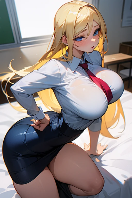 masterpiece、High resolution、high resolution、4K、8K、(((Stretch your legs and show your butt、Big Breasts、Exposing the breasts)))、((Shiny underwear)))、Sara Warrior Uniform、Beautiful beauty、Golden Hair、((whole body))、(((Photo taken from below)))、School、classroom、Large Breasts、Big Breasts、mini skirt、Panties are black、Japanese、tall、Long limbs、18-year-old、Tsukino Usagi、A beautiful nose like a model、Put your hands on your hips、Natural smile、Sexy pose、Her hairstyle is twin tails.、Beautiful belly button