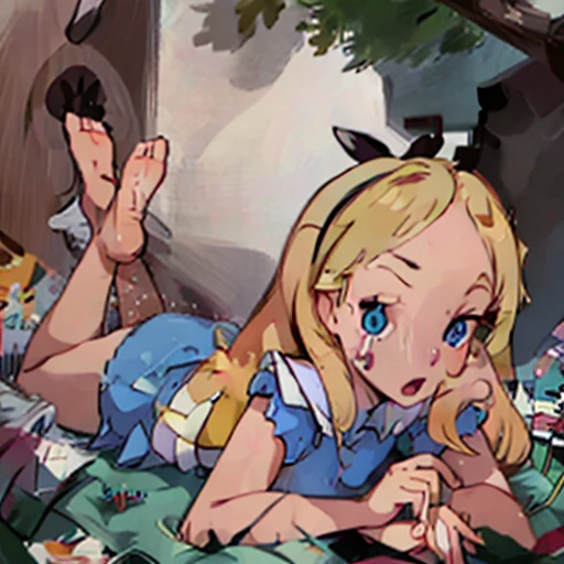 Alice in Wonderland lying on belly in the pose of Kubrick ****ta, loose top showing small tits, no panties on, bare feet up drinking a tea lying on the grass in wonderland, heart sunglasses on the tip of her nose 