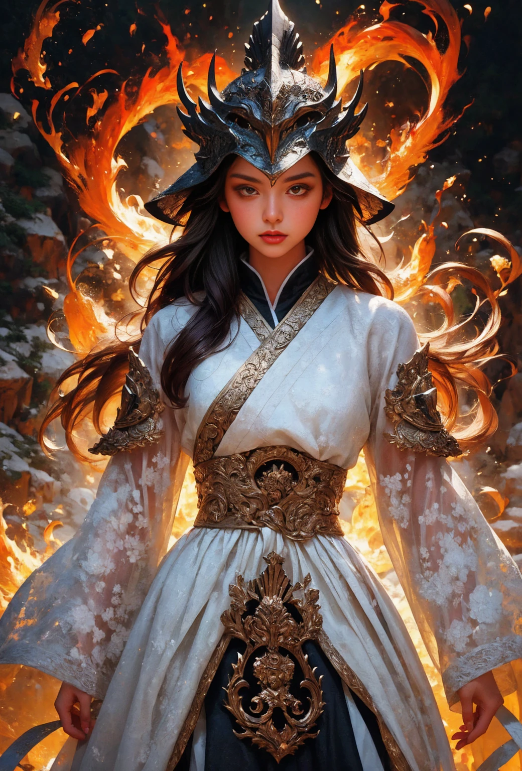 Close up of a woman with fire and flames on her body, burning background, epic fantasy art style, concept art | art , phoenix warrior, extremely detailed art , epic fantasy digital art style, female transformation lord, ornately decorated helmet, menacing long large silver staff in hand, full portrait of elementalist, epic exquisite character art