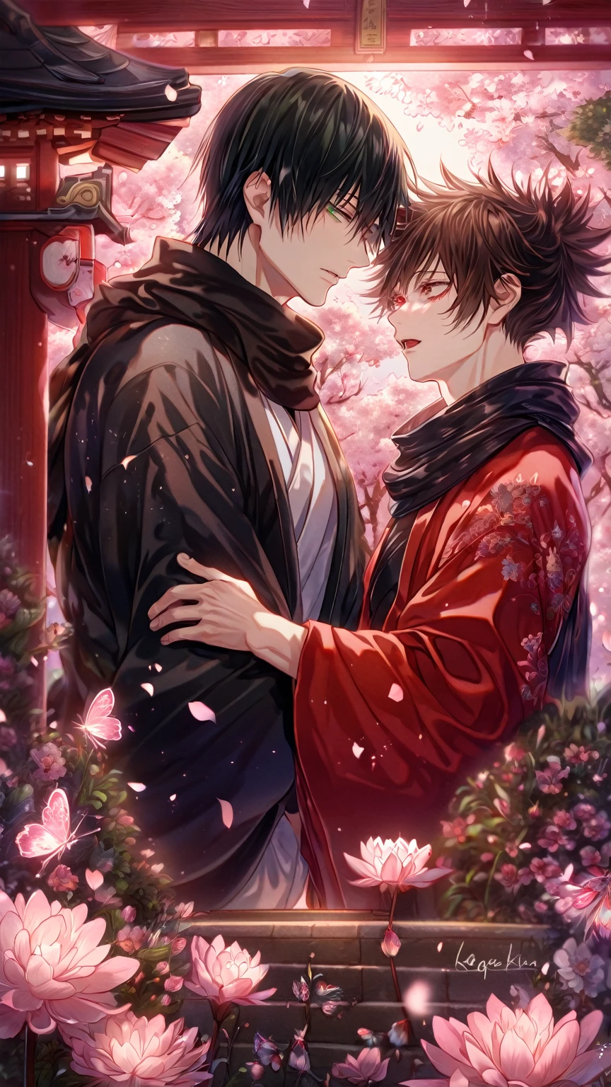 absurdres, highres, ultra detailed, HDR, master piece, best quality, extremely detailed, Aohitsugi Samatoki, chin length white hair, expressive red eyes, long eyelashes, Hypnosis Mic, Yamada Ichiro, chin length black hair, expressive green eyes, white shirt, unbuttoned, red varsity jacket, two sexy men hugging, yaoi, gay couple, handsome, magical, fantasy, pink cherry blossoms, pink butterflies, pink petals, pink flowers
