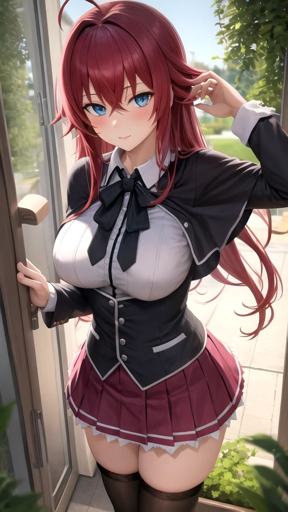 ((masterpiece, best quality)), insaneres, absurdres, solo, looking at viewer, 
ANIME_DxD_Rias_Gremory_ownwaifu, 
1girl, bangs, long hair, red hair, breasts, large breasts, rias gremory, blue eyes, hair between eyes, very long hair, collarbone, hair intakes,  hair over breasts, 
black capelet, black corset, collared shirt, kuoh academy school uniform, layered skirt, underbust, school uniform, skirt, shirt, long sleeves, purple skirt, ribbon, miniskirt, neck ribbon, thighhighs, black ribbon, 
(portrait, close-up)depth of field, vanishing point, garden, sidelighting,