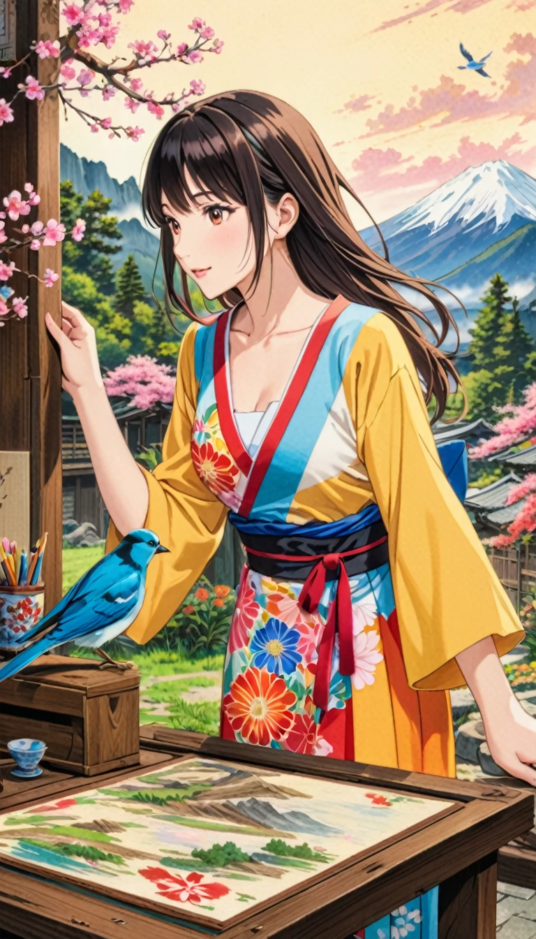  young woman, Beautiful woman in colorful dress, Brown-black hair, (Old wood, bird, Mountain, cloud,Flowers),  Japanese painting, Anime Art, art，advertisement，Colored pencil drawing，draft 