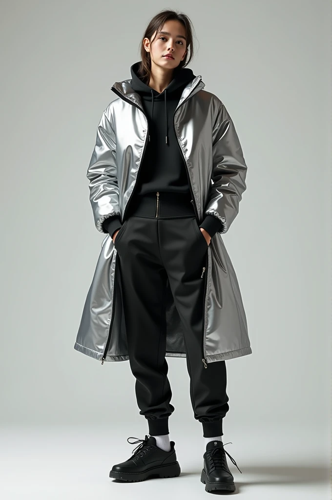 una imagen vector donde, se puede ver a un hombre que irradia una elegancia futurista en su apariencia. The cold colors dominate in his garment the protagonist is the green color The wide pants he wears have a rough and unique texture that reflects a mixture of modern and advanced elements. The fabric seems to be composed of microtechnology, with small subtle LED lights that flash intermittently along rough textures. The man's attire is completely asymmetrical, (singular)lo que le da un toque vanguardista y llamativo. En su parte superior, He wears a jacket that wraps asymmetrically around his torso, creating a sense of movement and dynamism in your style. The jacket is adorned with metallic details, con parches, trasparencias. with organic textures. (botas puffer)