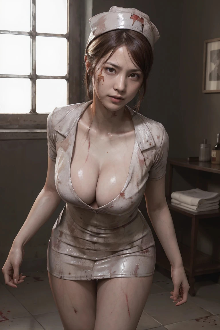 ultra detailed, Best Quality, Masterpiece, 8k, realistic, detailed face, detailed eyes, (detailed face), shiny skin, shiny breasts, shiny thigh, SilentHillNurse, 1girl, solo, looking at viewer, hat, dress, cleavage, (huge breasts), standing, full body, short sleeves, indoors, beautiful hip line, high heels, window, ((blood)), leaning forward, nurse cap, tiles, nurse, horror \(theme\)