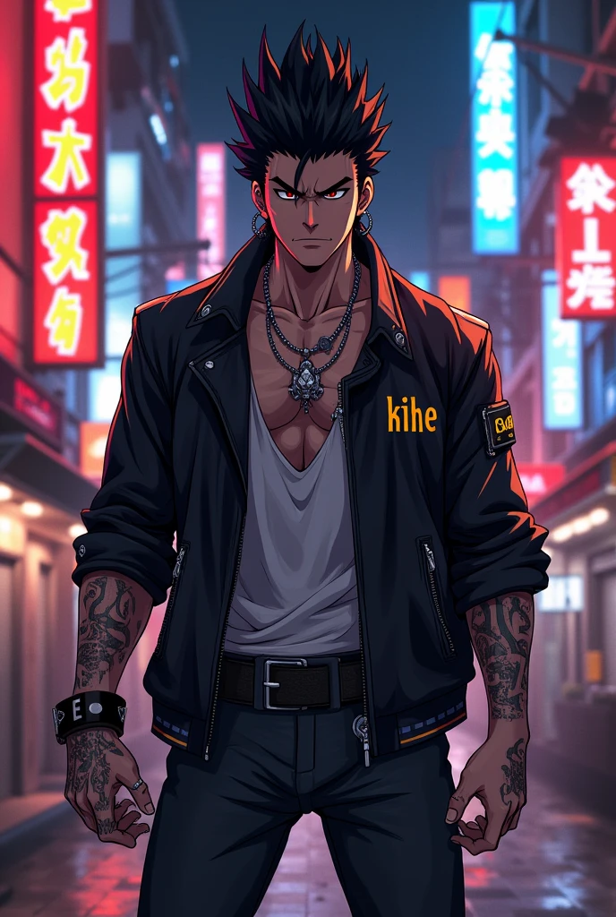 yakuza gang, big tattoo, wear hat hiding his face, dark night, neon light, dark theme retro style