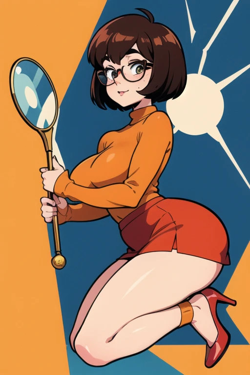 ((ultra quality)), ((masterpiece)), create a digital painting, 4k, best quality,SexyToon, cartoon girl in glasses and red skirt, velma, velma from scooby doo, nerdy appearance, mega nerd, freckles everywhere, full body portrait dorky style character, character is thick, female protagonist :8, in 80s anime art style, orange outfit, orange turtle neck sweater, red mini skirt, bare legs, really classy high heels, short bob hair cut, bang, brown hair, thick nerd glasses, holding a giant magnifying glass, bending over, looking through magnifying glass, huge prop magnifying class (dynamic_angle:1), (dynamic_pose:1.2), (masterpiece:1.2), (best quality, highest quality), (ultra detailed), (8k, 4k, intricate),(full body:1) (Masterpiece, Best Quality), pin up girl velma, 8k Wallpaper, highly detailed, poster, vintage spy film, 1960s, sexy female rental killer, simple color background, single color background, seductive look, mid century modern, movie poster, vintage, vintage look, wide hips, large breasts, skin tight. warm color theme, mystery theme, striking eyes, comic, comic style, full body showing, head to toe, giant ass, up skirt shot, low angle shot, seductive woman, dork expression, curious expression, pale white skin