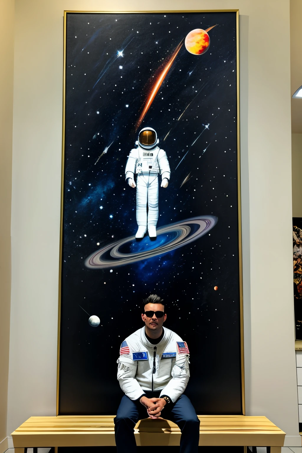  a stylish man holding a large painting featuring an astronaut sitting on a bench in space with planets floating above. The man has tattoos, is wearing sunglasses, and stands confidently, holding the painting upright in front of him.