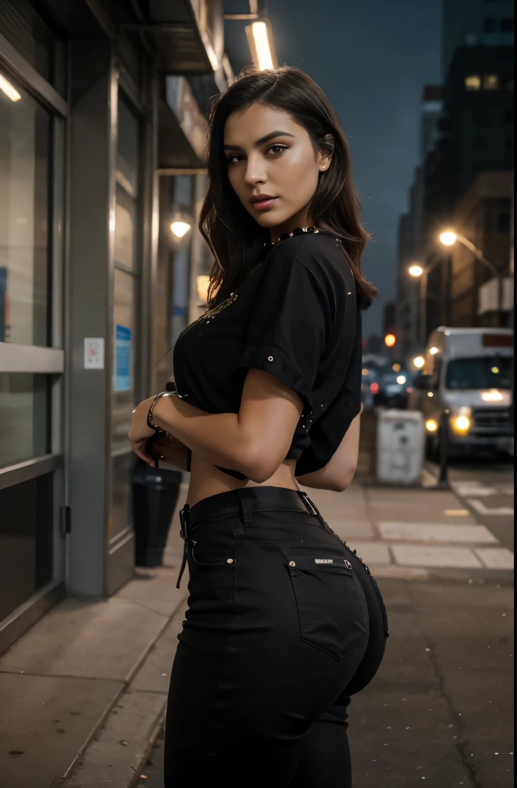 (best quality,highres:1.2),ultra-detailed,(realistic:1.37),portrait,Colombian woman,sexy work clothes,classy,confident expression,detailed facial features,beautiful eyes,luscious lips,perfectly styled hair,professional appearance,cement mixer truck driving in NYC,stunning urban backdrop,vibrant city lights,impressive skyline,flawless makeup,dramatic lighting,spotlight on the woman,high fashion,striking poses,expensive jewelry,unique sense of style,modern and trendy,impressive vehicle,meticulously designed truck,shiny metallic finish,attention to detail,embellished with stylish graphics,intricate machinery,engine roaring,intense atmosphere,powerful and energetic,city hustle and bustle,thrilling street scene,built environment,industrial vibes,gritty and authentic style,deep shadows and contrast,rich and vibrant colors,contemporary and fashionable aesthetic.