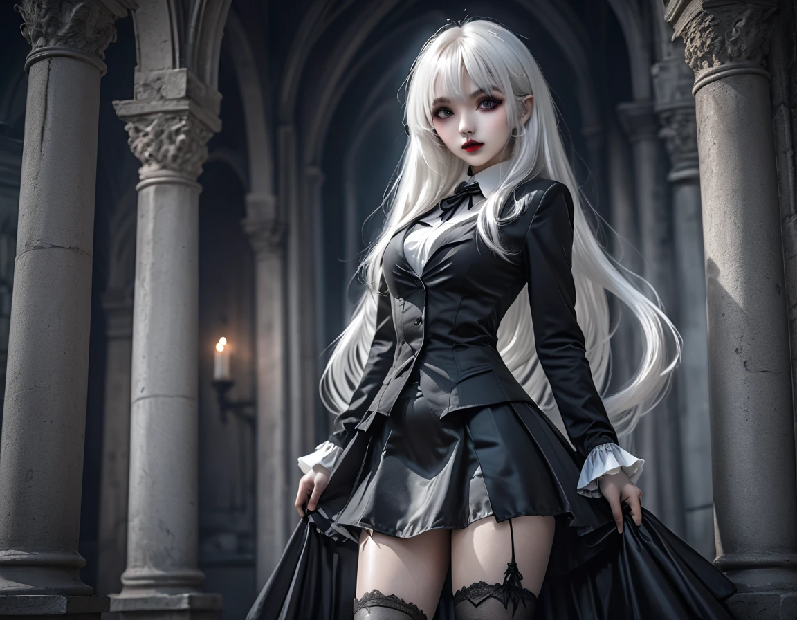 a sexy vampire girl with a slender figure opening her skirt to reveal her round buttocks, with bangs, straight white hair, heterochromia eyes, a full black gothic outfit including a skirt, stockings, and high heels, (best quality,4k,8k,highres,masterpiece:1.2),ultra-detailed,(realistic,photorealistic,photo-realistic:1.37),extremely detailed eyes and face, beautiful detailed lips, longeyelashes, dramatic lighting, dark moody colors, gothic horror atmosphere, dramatic pose, high contrast