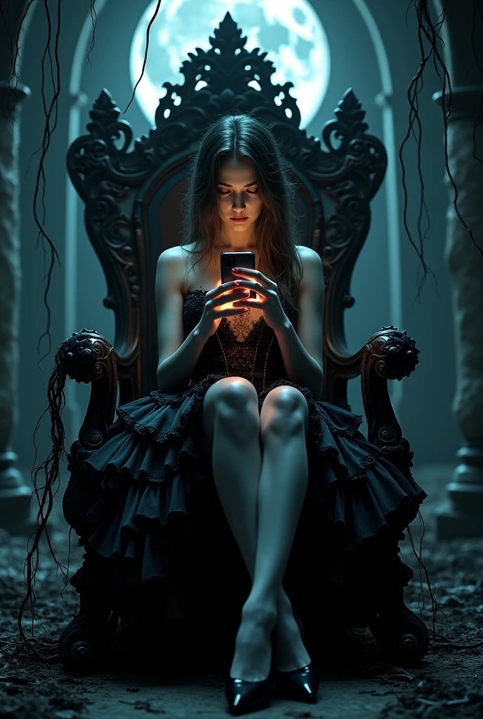 Create the wide-shot (((full-body:1.5))) image of a handsome female vampire, noble and elegant lady, Beautiful alluring colorless eyes, A vampire with a refined and elegant appearance, Loose long hair and angular features, her skin should be pale and flawless, With a touch of potus transcendental beauty, her eyes should be deep and seductive, (They have to wear detailed and intricate steampunk and detailed gothic valkyrie, Fluttering lace flared long knee length dress with frilly petticoats, long dress, knee length dress, pleated petticoats, lolita dress, petticoats gothic lolita, ((high heels)), side-lighting), sitting, leaning on an empty vacant throne, grand in scale and intricacy, blurring the lines between throne and shrine,,  and covered in black vines and roots, the background should be shrouded in shadow, Just a hint of moonlight broke through the darkness, ((((In the hands holds a iphone that spreads its glow on his beautiful body)))), What is presented to others, gothic art style, Ultra-realistic realism, Psychedelic surrealist art, Surreal psychedelic design, Dreaming style, psychedelic art, Quality Quantity, skin texture, intricate details, (cinematic graphic lighting), RAW, 8K,