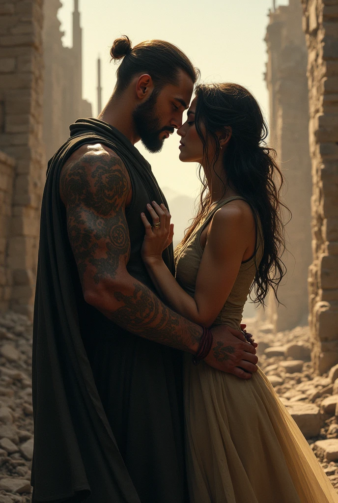 realistic full-body photo portrait, movie still style, shallow depth of view, side view.

A beautiful handsome sexy medieval knight, bare chest, shirtless bare chest, in armored trousers, holding a beautiful woman in a tight thigh revealing dress

in a medieval castle
