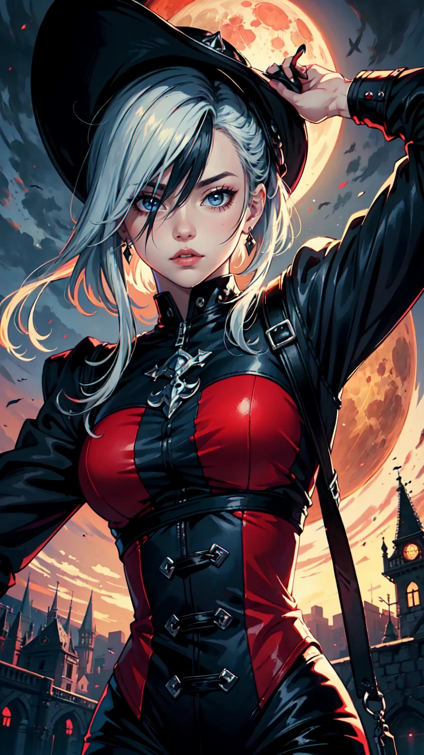 ((A masterpiece of modern digital ANIME art in 2.5 D style).(Best image quality with high resolution).(Beautiful and skillful image composition).(Beautiful perspective of the image).(Accent in half body art-style))goth-punk style.The insanely beautiful artwork of the authors from Artstation. Anime aesthetics in every detail. A 1girl with silver hair and burgundy eyes., a work painted with a dry brush taking into account the proportions . A beautiful pale face with a piercing gaze in the side. (medieval European jester's hat with Rhomboid patterns on the hat ,laces on the hat. very long jester hat). (the character doesn't look at the camera .) In the background you can see the masterfully. In the background is a gloomy castle on fire, over which hangs a blood moon and dark clouds, half concealing the soft light that is illuminating the setting, enhancing the gloomy mood with a soft red light. Highly detailed scene design, Full HD, anime-style 8K resolution illustration.