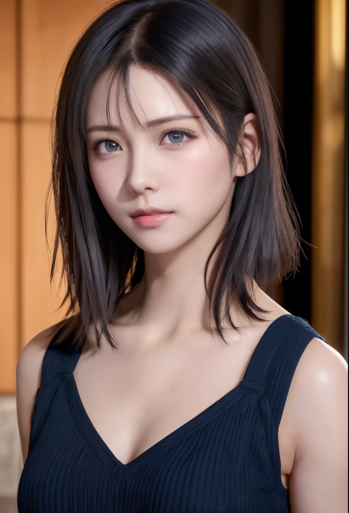 8K, of the highest quality, masutepiece:1.2), (Realistic, Photorealsitic:1.37), of the highest quality, masutepiece, Beautiful young woman, Pensive expression,、A charming、and an inviting look, Cute Maid Clothes, Hair tied back, Cinematic background, Light skin tone