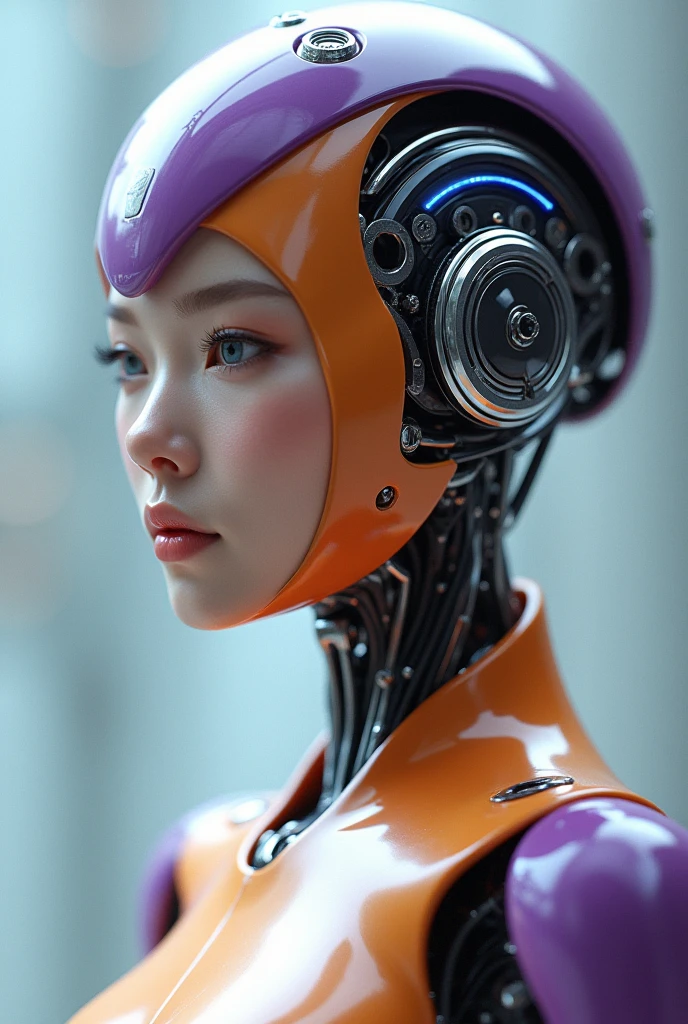 Render a hyper-realistic close-up of a Korean female humanoid robot with a futuristic design. Her skin is an almost translucent orange, with metallic purple plates seamlessly integrated into her body. Her eyes have a faint glowing blue light, and her joints, especially on her arms and neck, show intricate mechanical details. Her face should exhibit a serene expression, with a sleek metallic headpiece that resembles futuristic antennas or sensors. The background is a blend of abstract shapes and soft gradients, giving the scene a high-tech, yet elegant, atmosphere.
