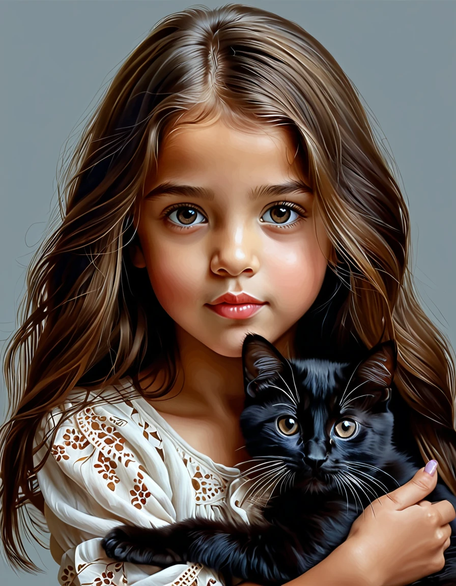 A hyperrealistic digital painting of a very cute young girl holding a cat in her arms, done in a realistic and cute style, the girl looks like young Selena Gomes, expressive eyes, perfect and symmetric caucasian front face, very beautiful art, cute and lovely, beautiful young cat, lovely and cute, correct anatomy, right proportions, perfect composition, realistic painting, adorable digital painting, very detailed, by Sophie Anderson, Director: Sophie Gengembre Anderson, (masterpiece), best quality