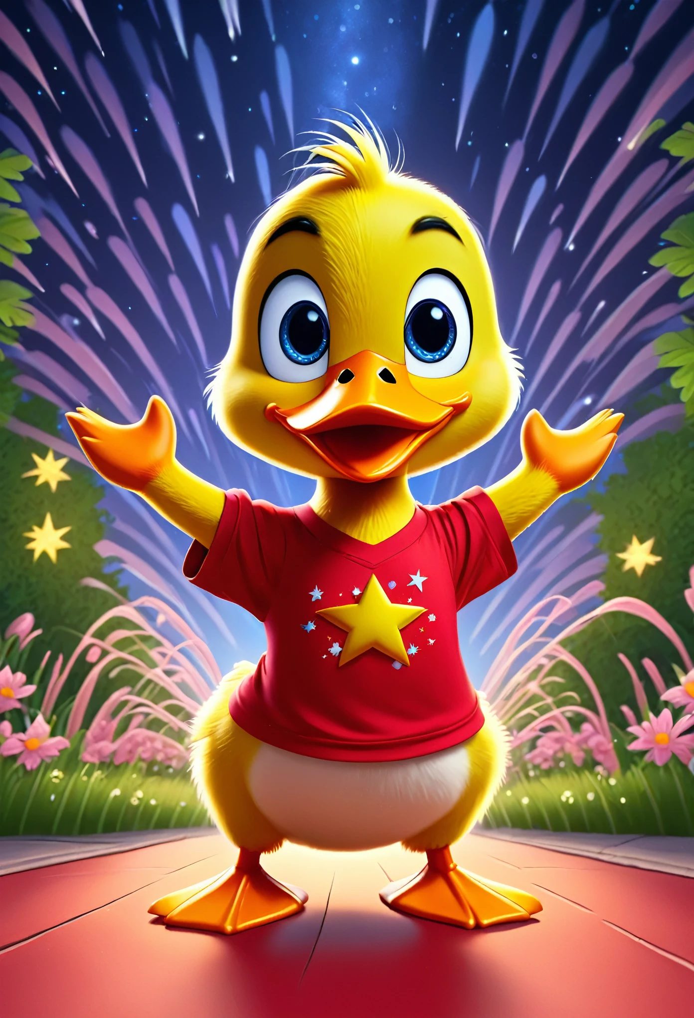 cute duck, cartoon, arms, hands ,cute eyes, looking at viewer, arms up, clothes, red shirt, night background, detailed, high quality, stars