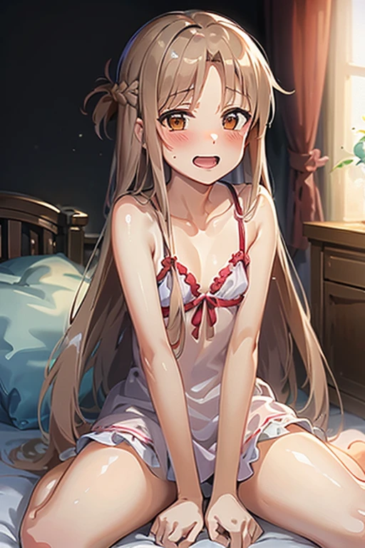 ((Highest quality)), ((masterpiece)), (be familiar with), Perfect Face, indoor, Bedroom, Watching the audience,
One woman, Yuuki Asuna,
Open Mouth, Ecstatic expression, blush, smile,
Small breasts, Flat Chest, , , child, Girl,
Long Hair, Long Hair,
Leg spread,