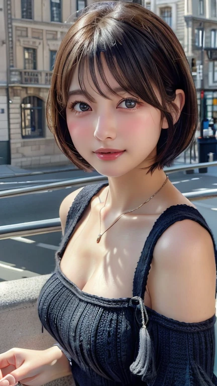 ((Top quality、Top image quality、Ultra HD、以Ultra HD分辨率绘制、solo、Look directly into the camera))、1 girl、Realist、Depth of Field、Natural soft lighting、daytime、Enchanting、Beautiful face、cleanliness、Pure face、White skin、Kawaii、short hair、beach、Sunlight、Medium breasts、whole body、((Dark blue sweater、Golden ratio beauty face))、Long Neck、Stretch out your ears、Clean and neat short bangs bob hairstyle、shut up,smile very happily、Perfect hands指、Perfect hands、Perfect body、face perfect、shine light into eyes、Perfect anatomical structure、Tall supermodel、Long-legged supermodel、Supermodel with a Long Neck、Shoulders are wider、Your arms should be lowered to your sides.、Standing、Cowboy shooting、Bright windowsill background、smile at the audience、Beautiful Teeth、Beautiful Teeth alignment、Open-minded、Beautiful breasts、Wet hair、Moist skin、Wet sweater