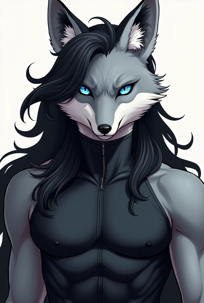 score_9,score_8_up,score_7_up, source_furry, Anthro, a tall skinny anorexic wolf, blue eyes, white fur, black hair, 

