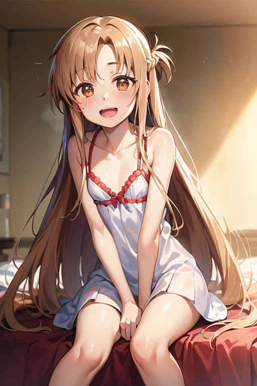 ((Highest quality)), ((masterpiece)), (be familiar with), Perfect Face, indoor, Bedroom, Watching the audience,
One woman, Yuuki Asuna,
Open Mouth, Ecstatic expression, blush, smile,
Small breasts, Flat Chest, , , child, Girl,
Long Hair, Long Hair,
Leg spread,