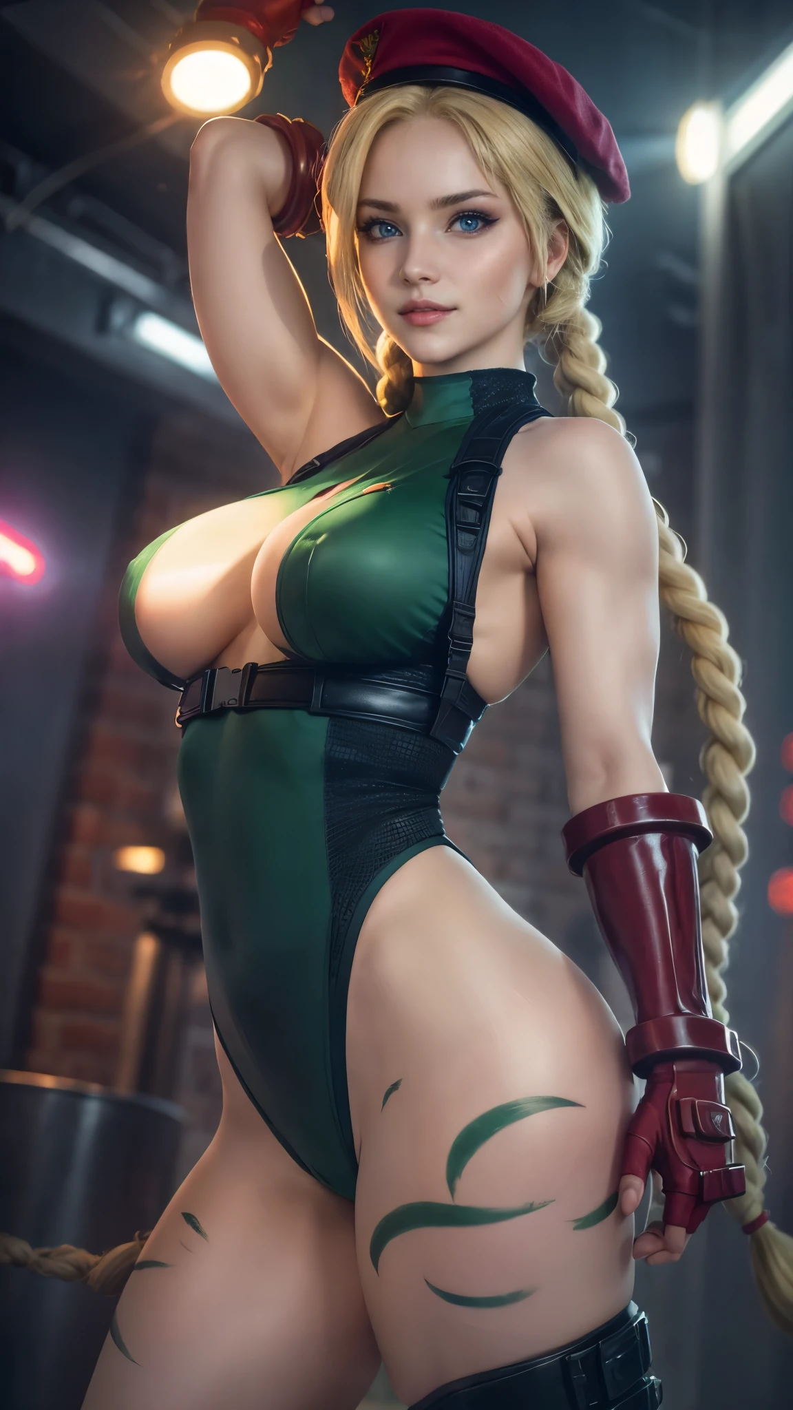 Cammy white da street fighter,(best qualityer,4K,8k,high resolution,work of art:1.2)(weather: night), cyberpunk background, nightclub, winking, long braided hair, blonde hair, harness, leotard, garrison cap, gloves, boots, ultra detailed,realistic,beautiful detailed blue eyes, beautiful detailed lips,extremely detailed eye and face, long eyelashes,average,large breasts,flying hair,beaming smile, sexy smile,powerful girl, stretching pose, bright coloured, dramatic lighting,