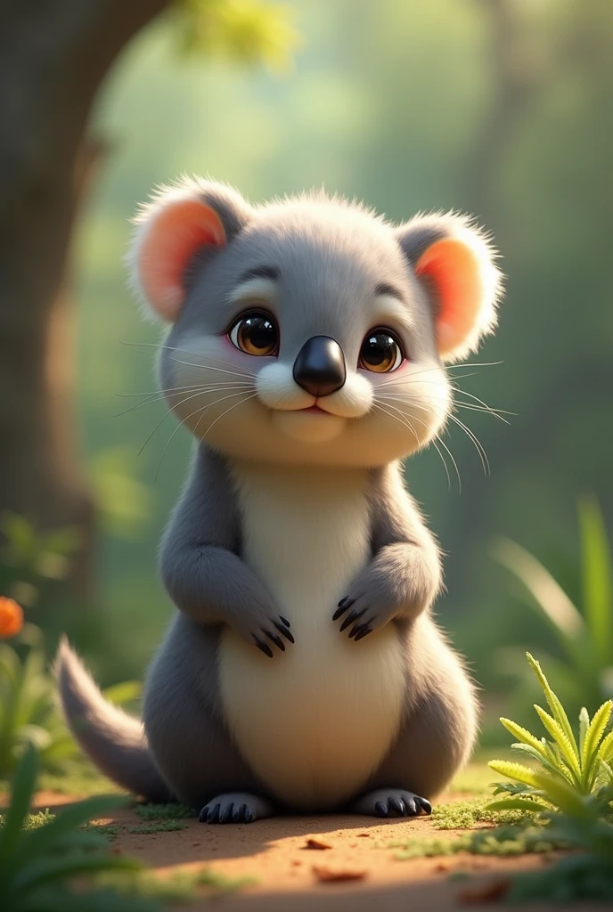 Create an adorable artwork featuring a wombat. Imagine a charming scene where the wombat is nestled in a cozy burrow or surrounded by lush eucalyptus leaves. Highlight the wombat's endearing features, such as its round body and curious expression. Convey the sweetness and innocence of this delightful marsupial in your artwork