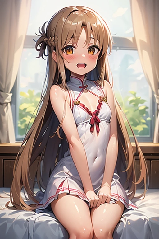 ((Highest quality)), ((masterpiece)), (be familiar with), Perfect Face, indoor, Bedroom, Watching the audience,
One woman, Yuuki Asuna,
Open Mouth, Ecstatic expression, blush, smile,
Small breasts, Flat Chest, , , , Girl,
Long Hair, Long Hair,
Leg spread,