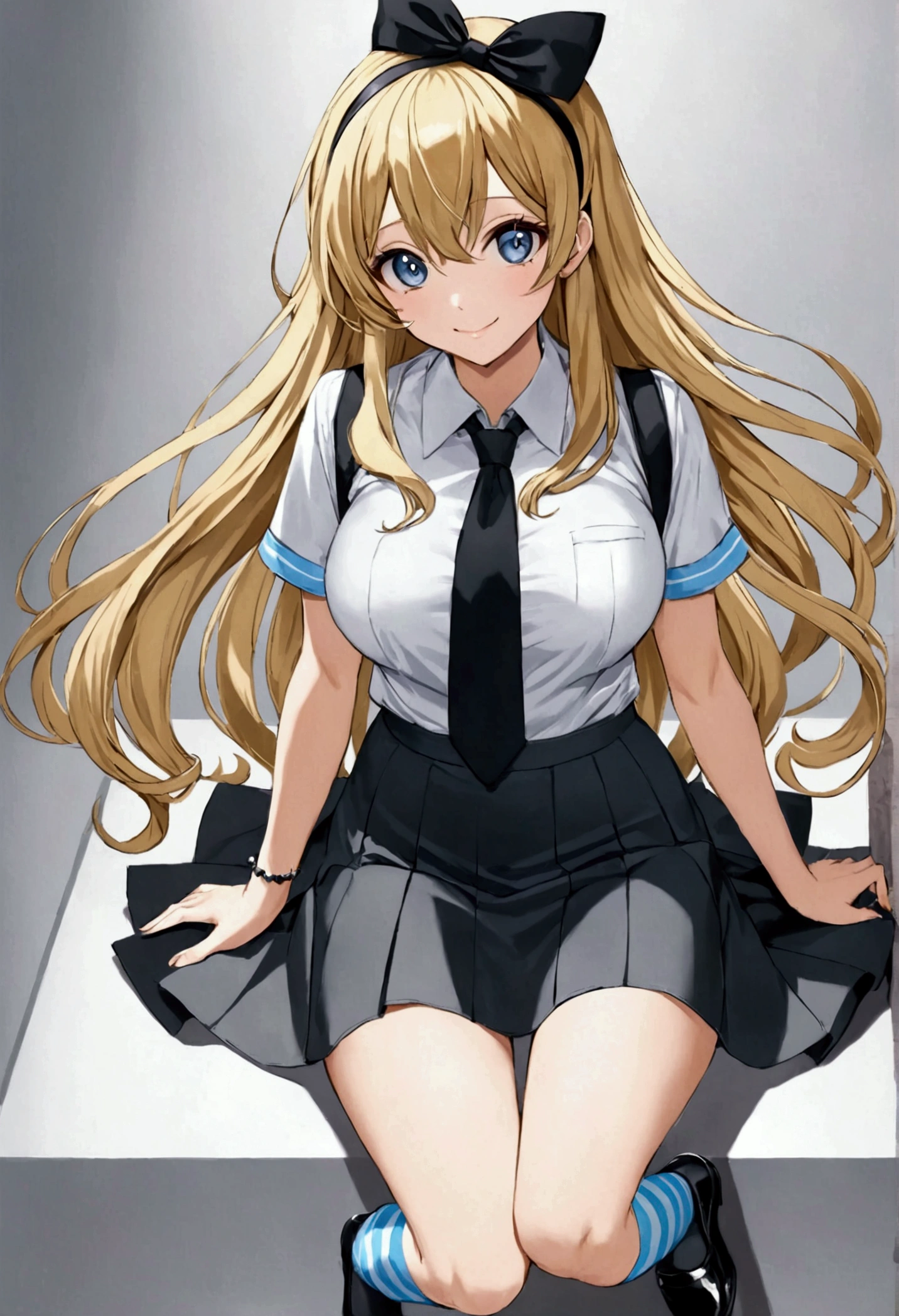 masterpiece, best quality, sunset, cowboy shot, 1girl, striped shirt, neck ribbon, long sleeves, black ribbon, sweater vest, black vest, (purple skirt:1.2), <lora:skirtlift-v4:0.8>, skirtlift, showing panty, black lace panty,
<lora:HighSchoolDxD_AsiaArgento:0.8>, AsiaArgento, blonde hair, long hair, parted bangs, ahoge, green eyes, looking at viewer, blush, :3,
standing by the window,
window, windy, in the classroom,