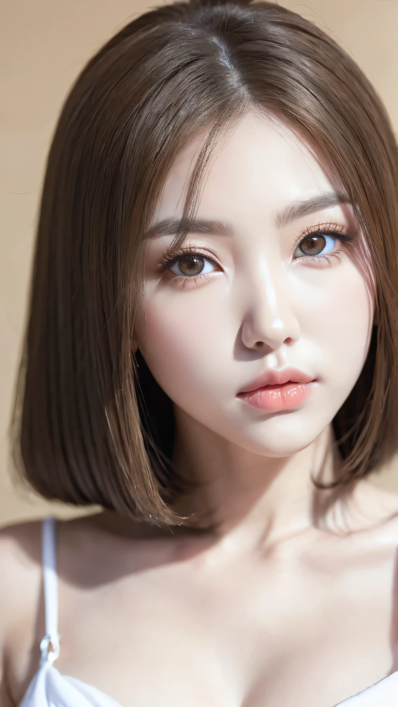 (the most absurd quality perfect eyes), ((natural super beautiful cute sharp-face)), (light pale complexion), ((clear no blur and sharp perfect round realistic brown_eyes:1.25)super detail), finely detailed pupils, detailed lips:1.3, [pink_lipstick:1.3]