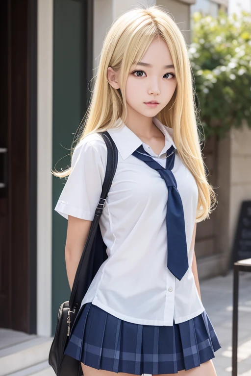 plein air、Swaying bangs、Care for bangs、poneyTail、hair care、The ultimate beauty of 16 years old、a miniskirt、Glossy white beautiful skin、Sexy and very beautiful good looks、Very cute face with ultimate beauty、Super long platinum blonde hair、Smooth straight hair、Big blue eyes with radiant transparency、School Uniforms