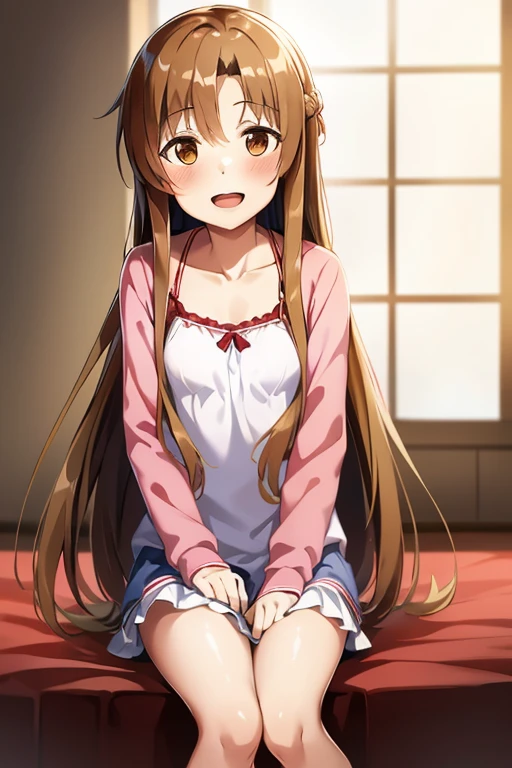 ((Highest quality)), ((masterpiece)), (be familiar with), Perfect Face, indoor, Bedroom, Watching the audience,
One woman, Yuuki Asuna,
Open Mouth, Ecstatic expression, blush, smile,
Small breasts, Flat Chest, , , child, Girl,
Long Hair, Long Hair,
Leg spread,