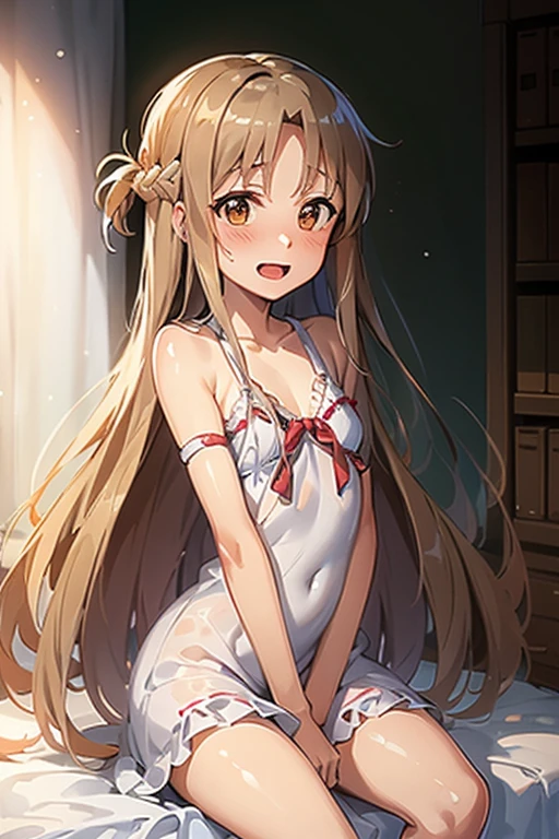 ((Highest quality)), ((masterpiece)), (be familiar with), Perfect Face, indoor, Bedroom, Watching the audience,
One woman, Yuuki Asuna,
Open Mouth, Ecstatic expression, blush, smile,
Small breasts, Flat Chest, , , , Girl,
Long Hair, Long Hair,
Leg spread,