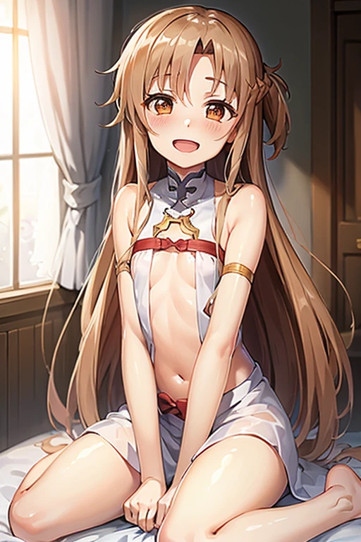 ((Highest quality)), ((masterpiece)), (be familiar with), Perfect Face, indoor, Bedroom, Watching the audience,
One woman, Yuuki Asuna,
Open Mouth, Ecstatic expression, blush, smile,
Small breasts, Flat Chest, , , child, Girl,
Long Hair, Long Hair,
Leg spread,