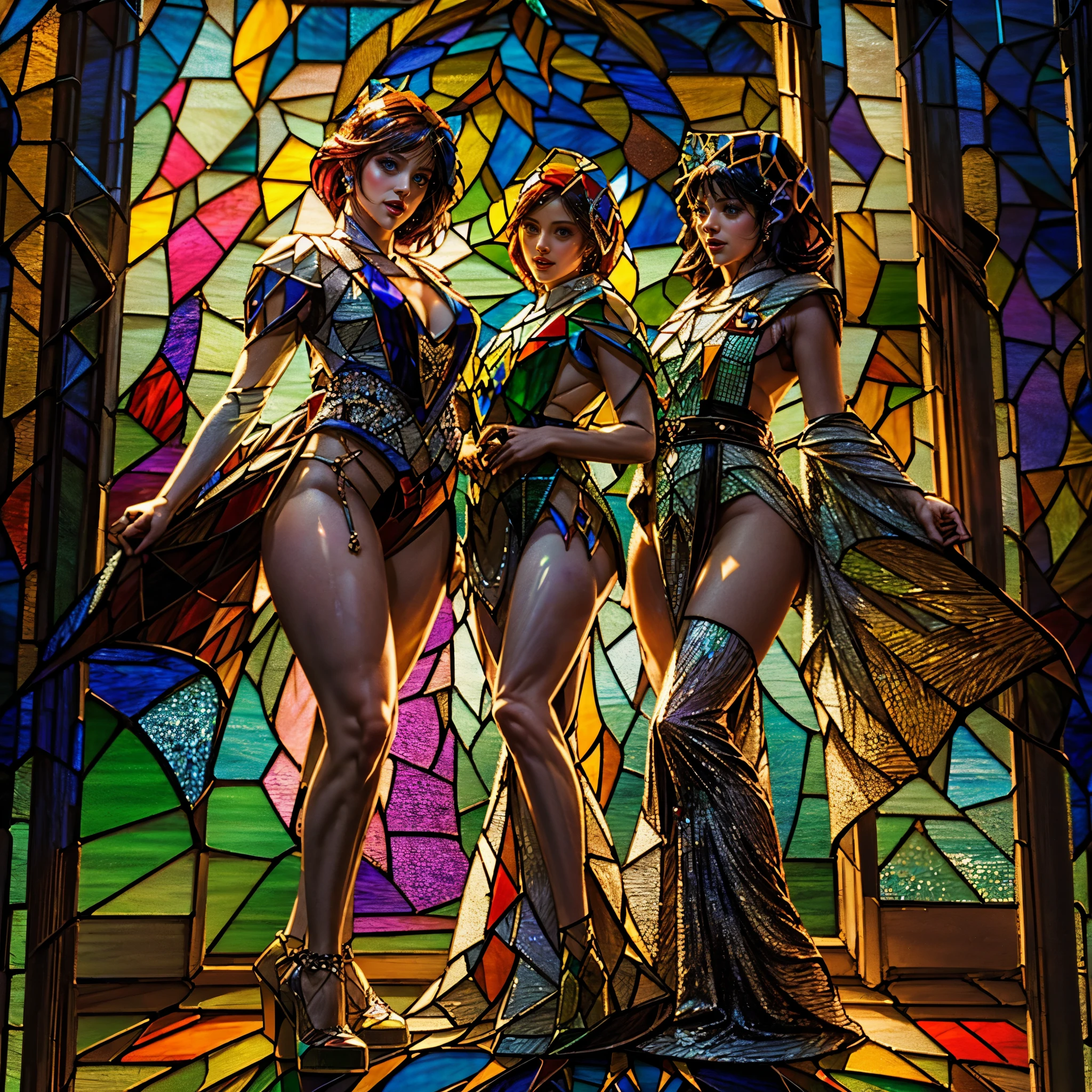 (Graceful Full Body of Extremely Detailed((Sexy Princesses Group in a row:1.37))), KAWAII perfect face with Reflective Eyes, Detailed(Delicate Clothing textures), Correct Graceful Legs, Dynamic Joyful Expressions LifeLike Rendering, Specular Reflection of mirrored floor, TopQuality 8K Ultra-detailed masterpiece (ProfessionalPhoto:1.37), (Acutance:0.8), (Luminism:1.28), (in Stained glasshouse full of light) (((Dazzling Colorful Rays from Elaborate Stainedglass:1.49))), (Full body from side) {Kissing Face to Face|Cute Peach AssFocus|(NakedApron with (Overflowing Sideboob))}, Radiant Fine Skin with Transparency, (Exposed:0.4) {Pink Hair|LightBlue Hair|Blonde|Pure White Hair|Liquid Hair|Red Shoes}, ((Perfect Lighting))