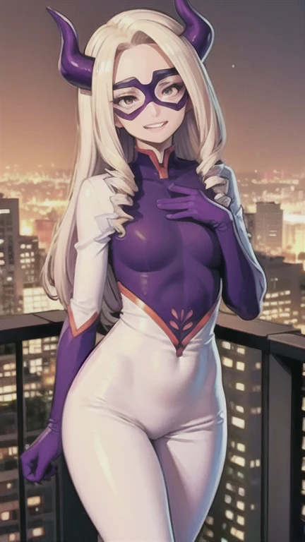 scan, (extremely detailed CG unity 8k wallpaper:1.1), highres, (1girl), mtladymha, boku no hero academia, long hair, blonde hair, horns, domino mask, bodysuit, large breasts, purple eyes, sunlight, ambient light, city, looking at viewer, full body,